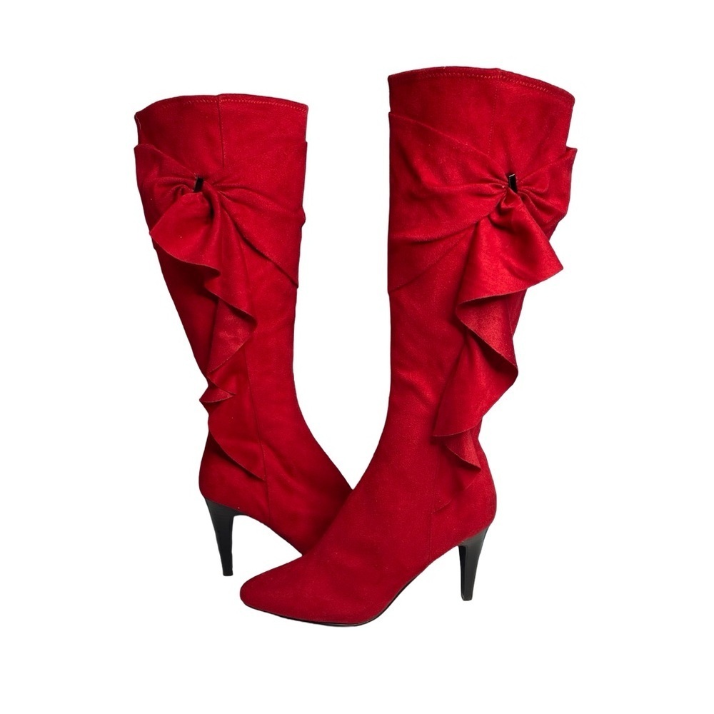 Impo Stretch Telly red/cranberry side zip ruffle suede like size 7 heel bootie